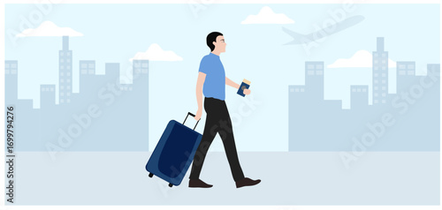 Travel aboard concept, businessman with travelling bag walking at the airport vector illustration. 