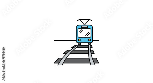 Modern light blue tram riding on silver rail tracks in a white isolated background vector illustration design with minimal shading and color