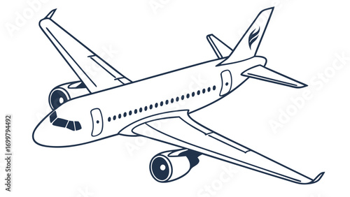Clean vector illustration of a modern commercial passenger airplane soaring through the sky, symbolizing global travel, aviation, and efficient transportation design element
