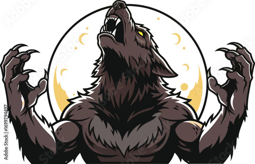 Fearsome werewolf howling at the moon with sharp claws