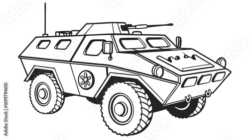 Armored personnel carrier line art illustration on a white background.