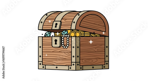 Enigmatic wooden treasure chest overflowing with sparkling jewels and shimmering golden coins, evoking a sense of adventurous discovery and untold