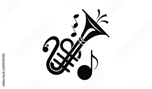 Ornate french horn with musical notes and flourishes