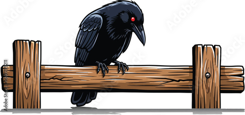 Intense black crow perches on rustic wooden fence rail