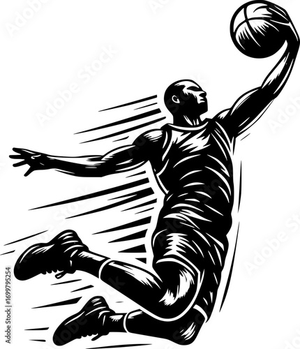 Minimalist black and white vector icon of a basketball player in action. Simple, modern, scalable design for stickers, logos, or digital use.