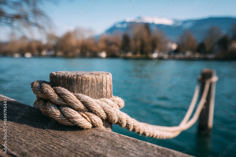Fototapeta premium Early morning on a scenic suspension bridge in the mountains reveals a wooden post secured with rustic rope