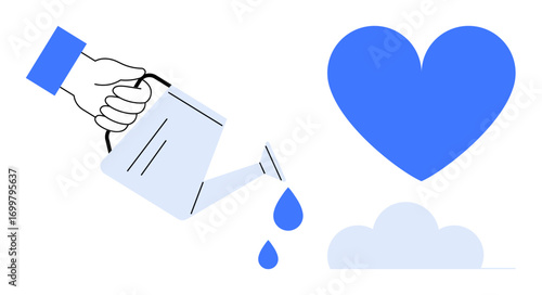 Hand pouring water from a can, creating drops near a cloud and a heart. Ideal for themes of nurture, sustainability, support, growth, love, community wellness. Simple landing page