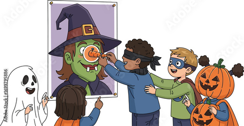 Halloween party game with kids in costumes having fun