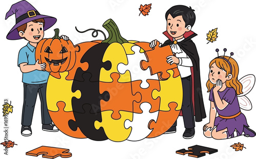 Kids having fun together assembling Halloween pumpkin puzzle