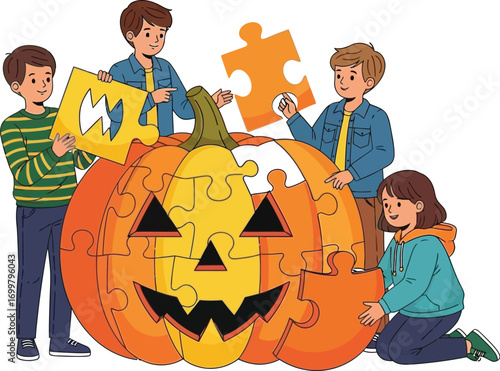 Kids creating a Halloween pumpkin puzzle together happily
