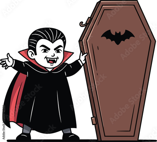 Adorable vampire with coffin ready for trick or treat fun