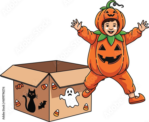 Joyful boy dressed as pumpkin jumping out of Halloween box