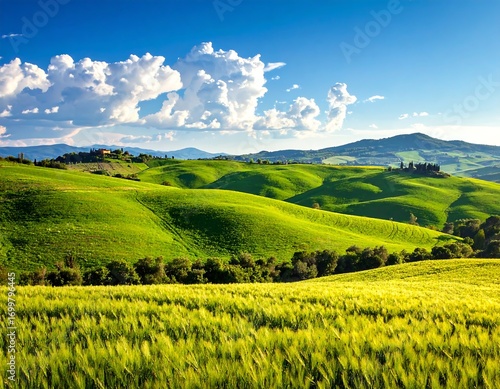 Wallpaper Mural Picturesque rolling green hills under a bright blue sky in Tuscany Italy Torontodigital.ca