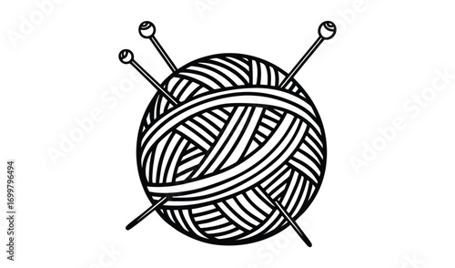 Line drawing of a ball of yarn with knitting needles