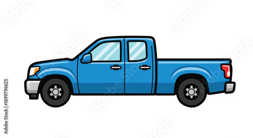 Stylized blue pickup truck side view illustration against white backdrop featuring cartoonish design and crisp outlines for vector graphic utilization