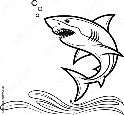 Aggressive shark jumping out of ocean water, black and white vector illustration, perfect for tattoo design, surf graphics, logos, and marine