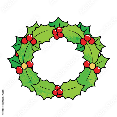 A festive watercolor wreath adorned with lush holly, delicate mistletoe, and vibrant red berries, perfect for adding a cheerful, holiday touch to any space.

