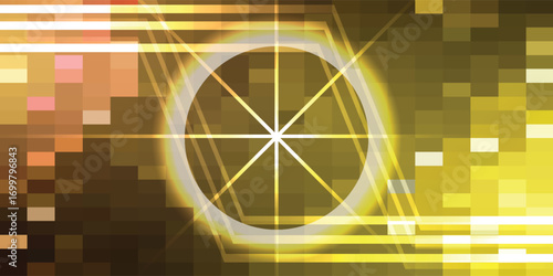 Abstract graphic design featuring a glowing circle with radiating lines, set against a background of pixelated squares in warm gold and brown tones.