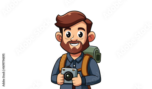 Cartoon man with backpack and camera ready for adventure
