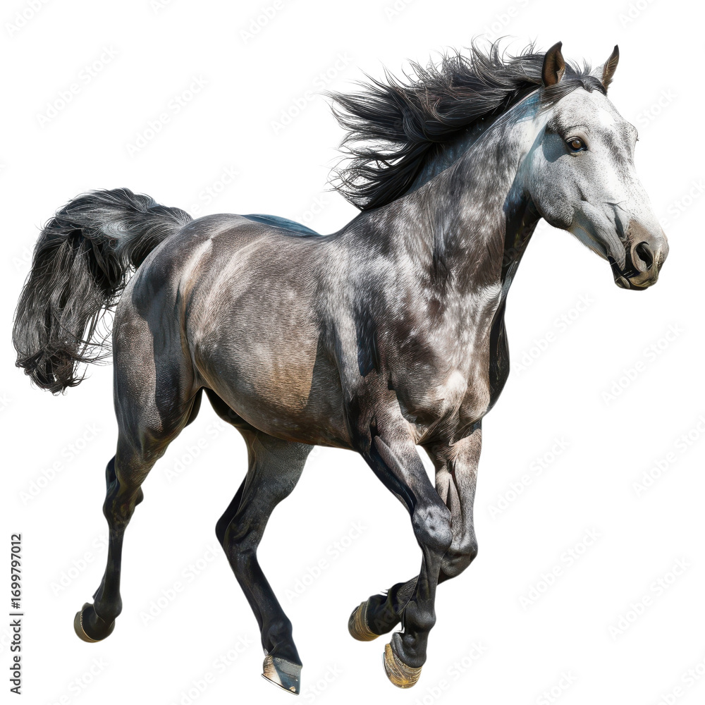Majestic gray horse runs freely across an open field during a sunny day with flowing mane and powerful strides