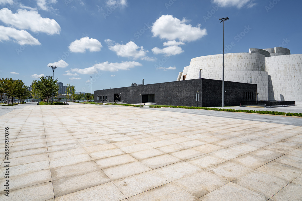 Obraz premium empty brick floor with modern building