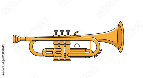 Detailed illustration of a stylized brass trumpet against a pure white background suitable for use as a graphic element