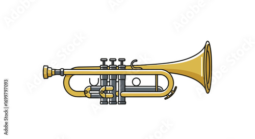 Golden trumpet illustration on white backdrop, a classic wind instrument icon designed for musical projects, a simple brass orchestral icon
