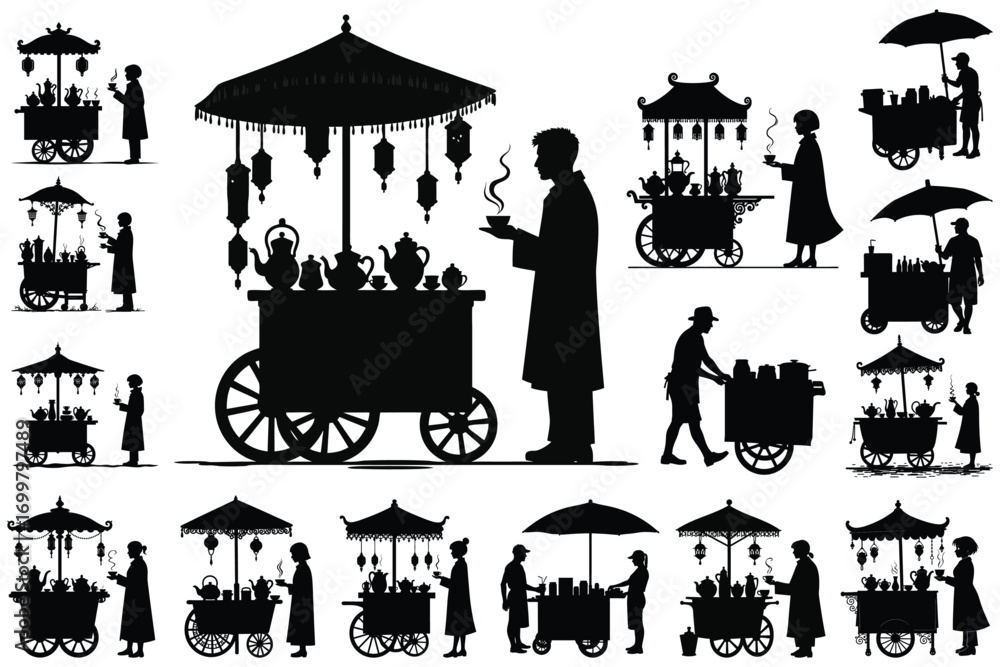 Fototapeta premium Silhouette tea vendors with ornate carts and umbrellas