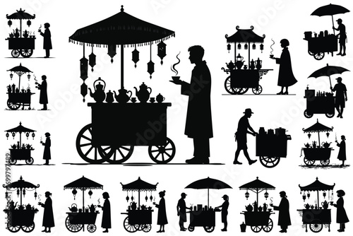 Silhouette tea vendors with ornate carts and umbrellas