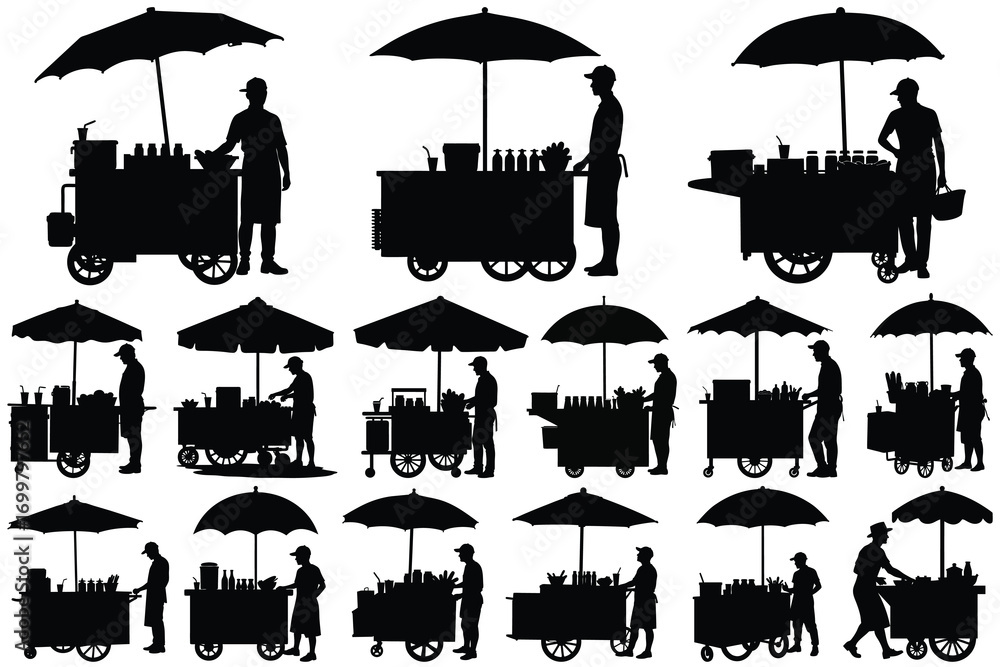 Naklejka premium Silhouette street food vendors with carts and umbrellas