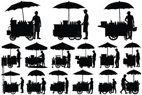 Silhouette street food vendors with carts and umbrellas