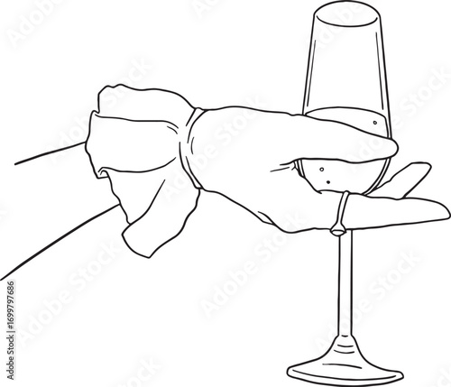 An elegant hand in a glove holding a champagne flute. The minimalist line art style conveys sophistication, perfect for celebrating special moments or adding a touch of class to any design.