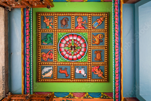 Colorful astrology signs in ceiling design on Hindu temple	
