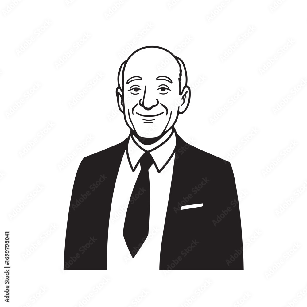 Old man with formal suit black and white vector illustration for classic portrait artwork design