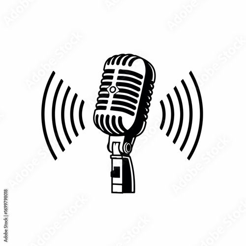 Retro microphone with sound waves vector, great for podcast cover, music poster, radio show, concert flyer and broadcasting template.