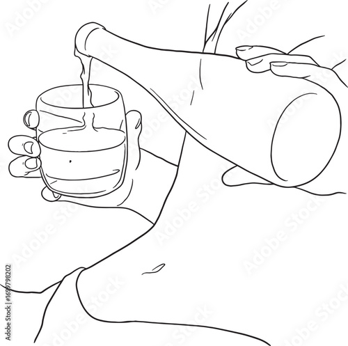A hand pouring a drink from a bottle into a glass. This line art illustration shows a moment of serving or enjoying a beverage. The clean, minimalist style is perfect for designs related to bars.