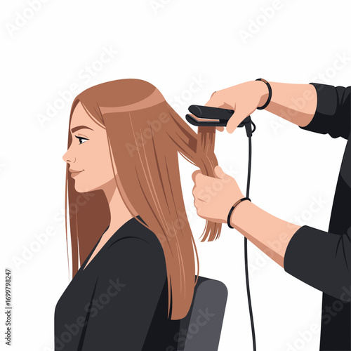 Hair stylist straightening a woman's long brown hair with a flat iron.