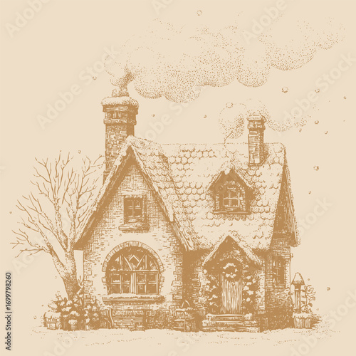 Vintage winter crayon sketchy cottage illustration with snow-covered roof, chimney smoke and rustic details. Chalk engraving style Christmas house for cards, posters.
