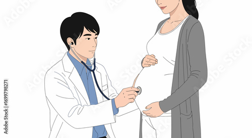A doctor examines a pregnant woman's abdomen with a stethoscope.