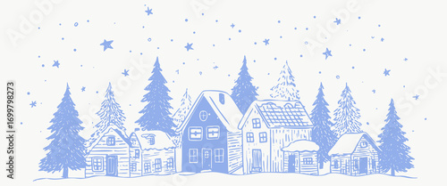 Winter village crayon sketchy illustration with snowy houses, pine trees and starry sky. Scandinavian Christmas chalk style scene for holiday cards, posters, festive backgrounds.
