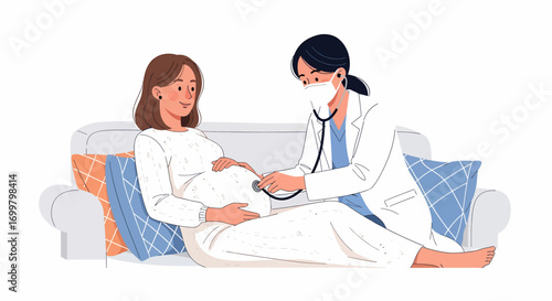 A pregnant woman is examined by a doctor using a stethoscope while sitting on a couch.