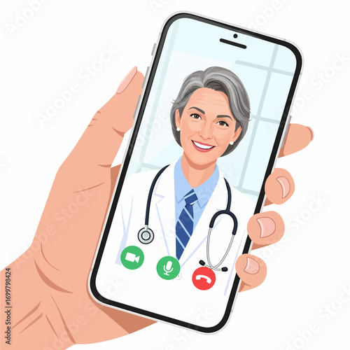A hand holds a smartphone displaying a smiling female doctor on a video call, representing telemedicine and virtual healthcare.