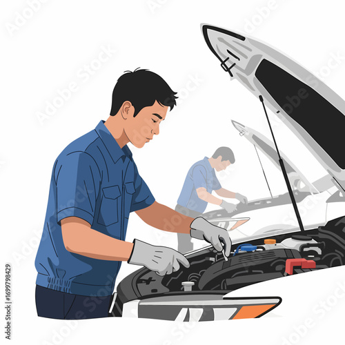 Two mechanics repair a car engine, one focused on the task.