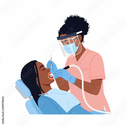 A dentist wearing a mask and face shield performs a dental examination on a patient lying in a dental chair.