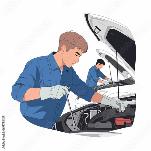 Two mechanics working on a car engine, one in the foreground and another in the background, both wearing blue uniforms.