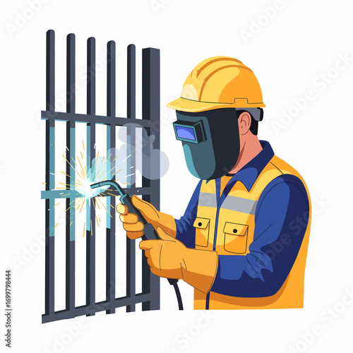A welder working on a metal fence, sparks flying.