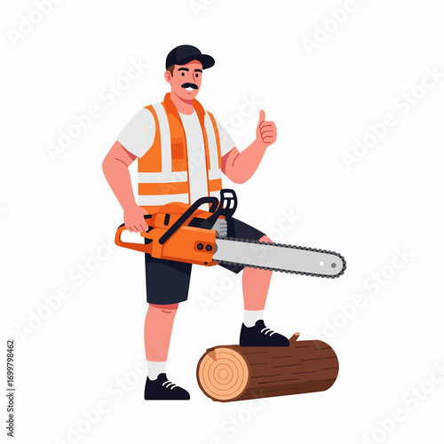 Lumberjack with chainsaw giving thumbs up.