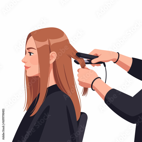 A woman getting her hair straightened by a stylist.
