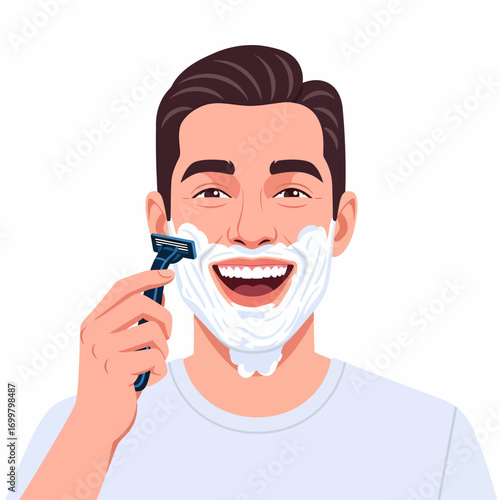 Man shaving his face with a razor and shaving cream, smiling.