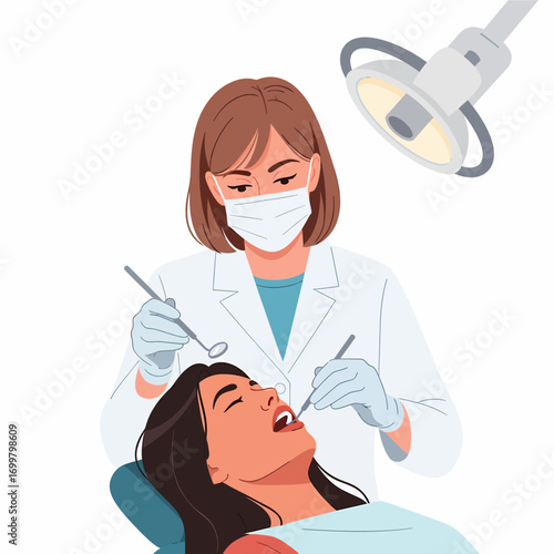 A female dentist examines a patient's teeth in a dental office.